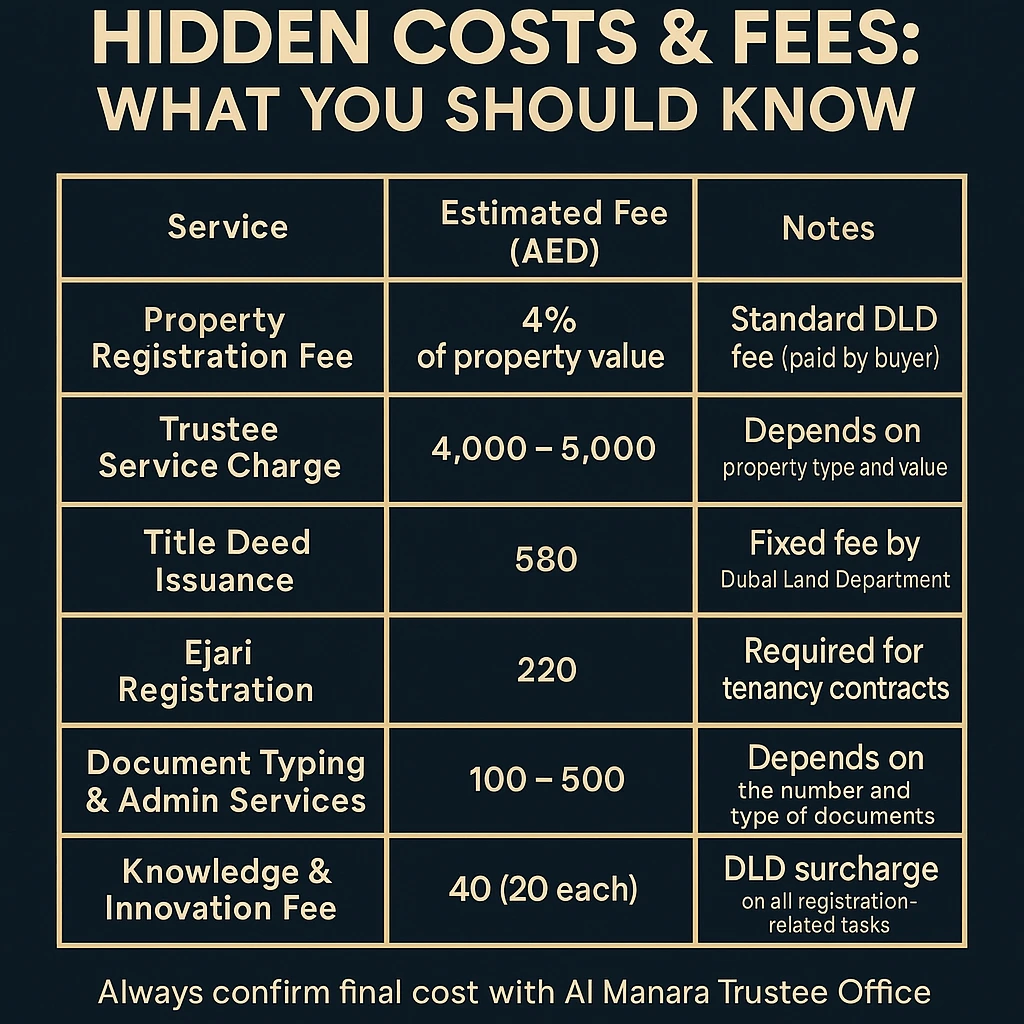 Infographic showing breakdown of hidden costs and fees at Al Manara Real Estate Registration Trustee Office including property registration, trustee charges, title deed issuance, Ejari registration, and document typing fees