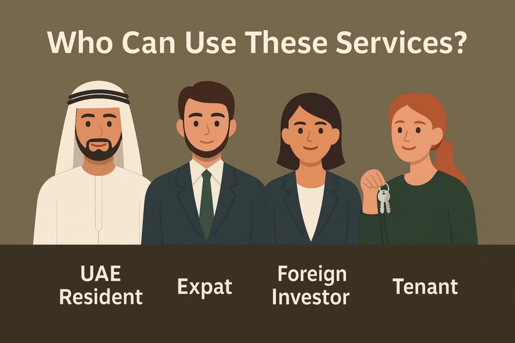 Illustration showing UAE Resident, Expat, Foreign Investor, and Tenant as eligible users of Al Manara Real Estate Registration Trustee services