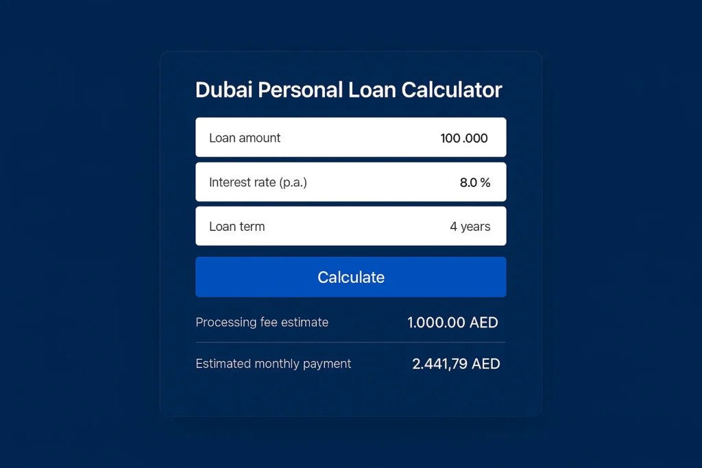 Dubai personal loan calculator with fee estimate and EMI displayed on a clean modern interface