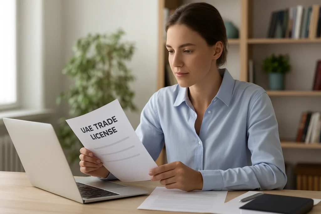 Self-employed personal loan applicant in Dubai holding UAE trade license and working on a laptop