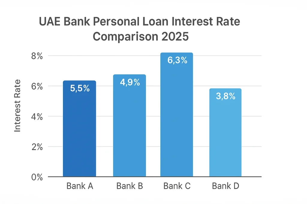 UAE bank personal loan interest rate comparison for 2025 showing four banks with different interest rates in a bar chart format