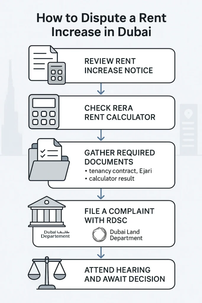 Flowchart infographic showing the steps to dispute a rent increase in Dubai through the Rental Dispute Settlement Centre, including review, document preparation, filing, and hearing process.