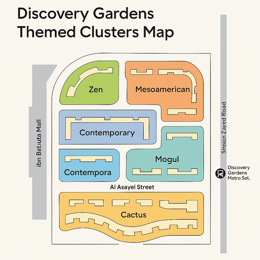 Discovery Gardens themed clusters map showing Zen, Mediterranean, Contemporary, Mogul, Cactus, and Mesoamerican zones with nearby landmarks like Ibn Battuta Mall and Discovery Gardens Metro Station.