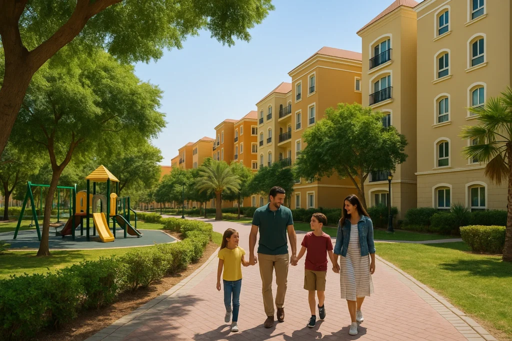 Family walking through a tree-lined path in Discovery Gardens Dubai with a playground and residential buildings, showing a peaceful and family-friendly lifestyle.