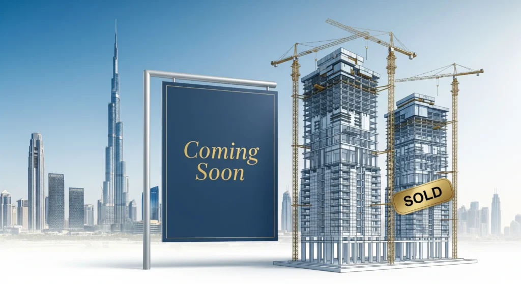 Dubai skyline with residential tower under construction and coming soon sign representing off plan property investment