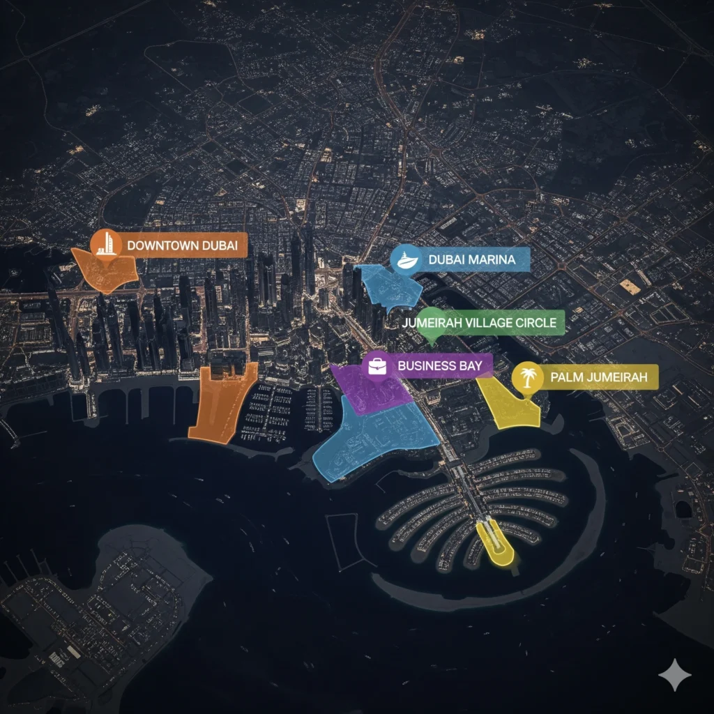 Satellite-style dark map of Dubai highlighting top real estate investment areas including Downtown Dubai, Dubai Marina, Jumeirah Village Circle, Business Bay, and Palm Jumeirah.