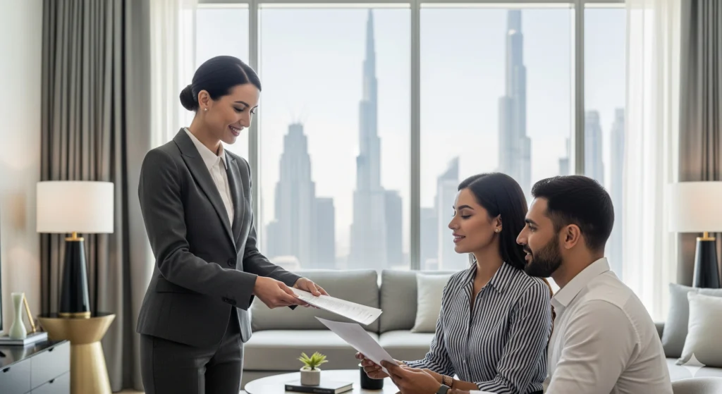 Professional property manager assisting clients in Dubai, discussing documents and property features, showing reliable and trusted property management services by TBNRE.
