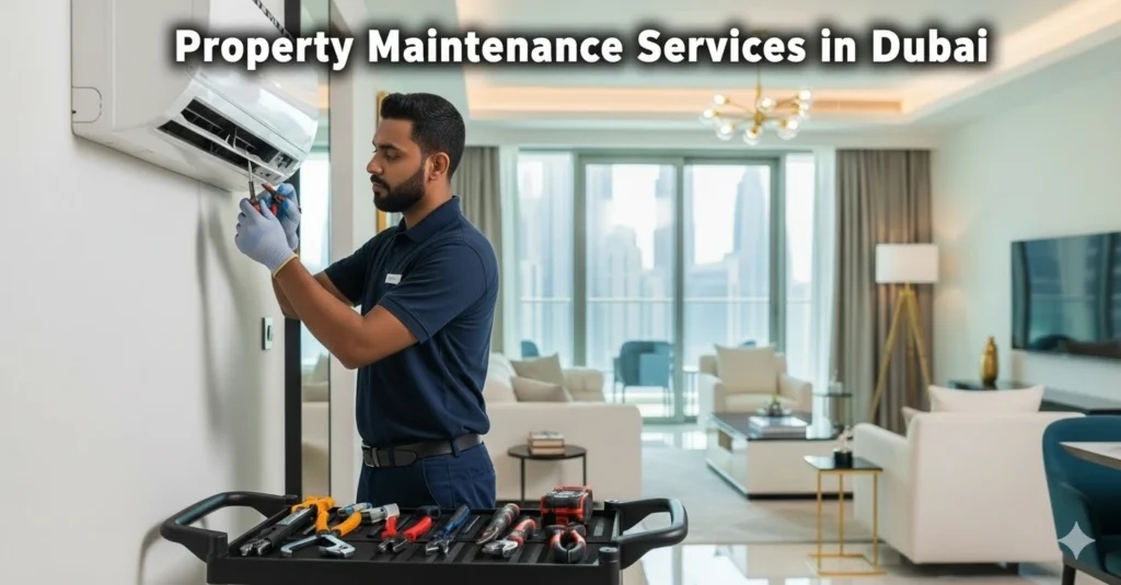 Technician performing AC and plumbing repairs in a Dubai apartment as part of property management services
