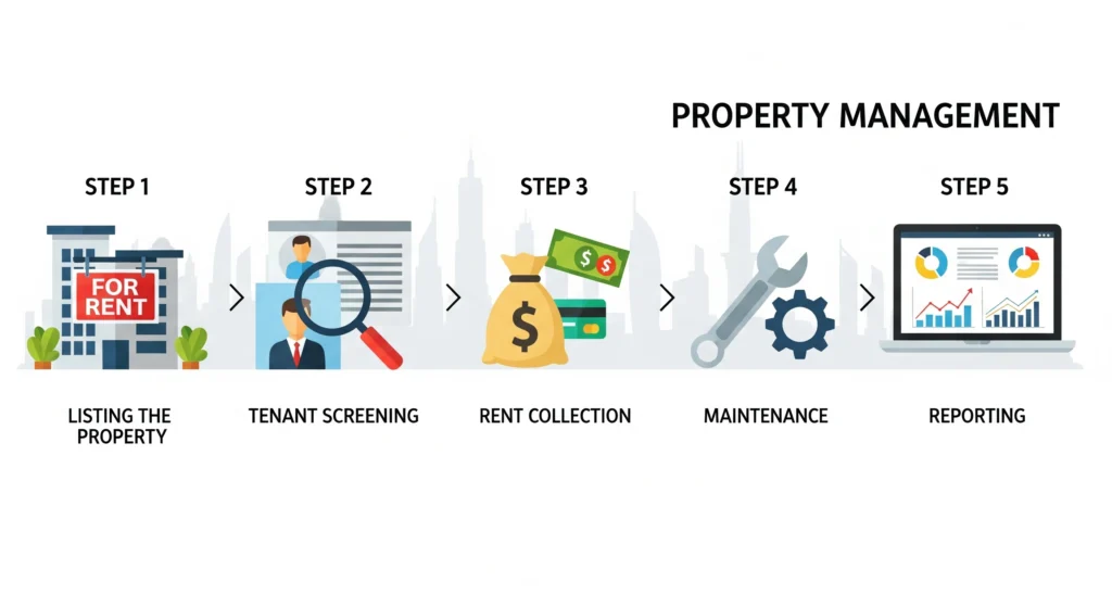 Flowchart-style infographic showing how property management works in Dubai, including property listing, tenant screening, rent collection, maintenance, and reporting steps.