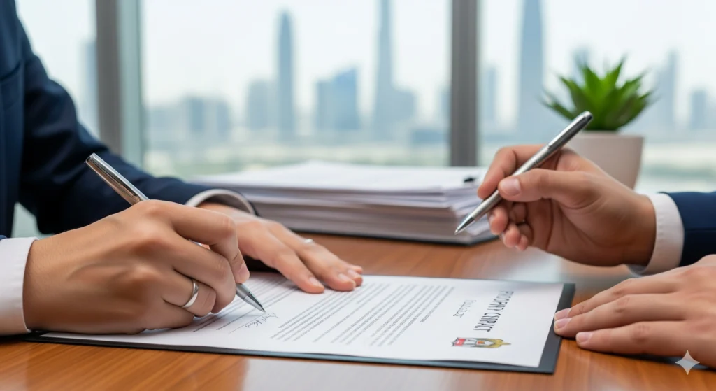 Property manager in Dubai signing legal documents and contracts to ensure compliance in property management services