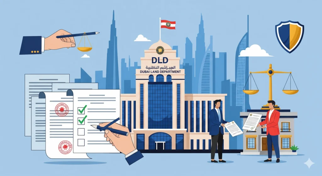 Illustration of Dubai Land Department building with legal documents, compliance checklist, and a property manager ensuring regulatory property management compliance in Dubai.
