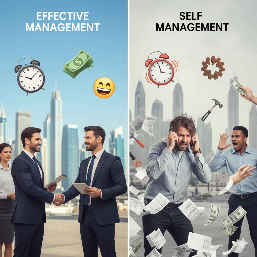 Side-by-side illustration comparing property management in Dubai with a professional manager handling tasks smoothly versus a stressed landlord struggling with self-management.