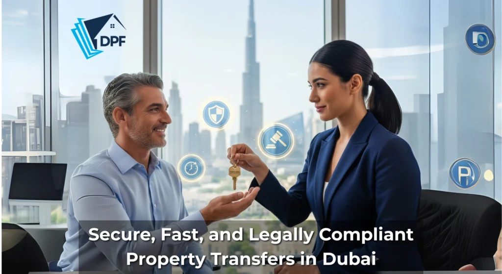 Smiling investor receiving property keys from Tamleek Real Estate Registration Trustee in Dubai with icons showing security, time-saving, and compliance.