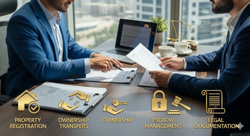 Tamleek Real Estate Registration Trustee staff assisting a client with property documents, title deeds, and services including registration, transfers, escrow, and legal documentation in Dubai.