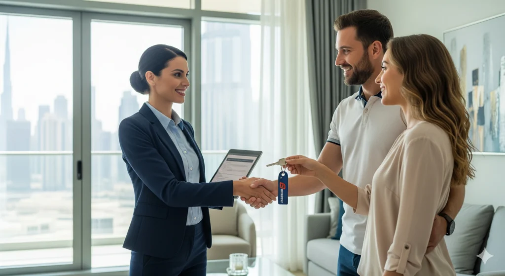 Property manager handing over keys to tenants in Dubai apartment, representing tenant management services in property management Dubai
