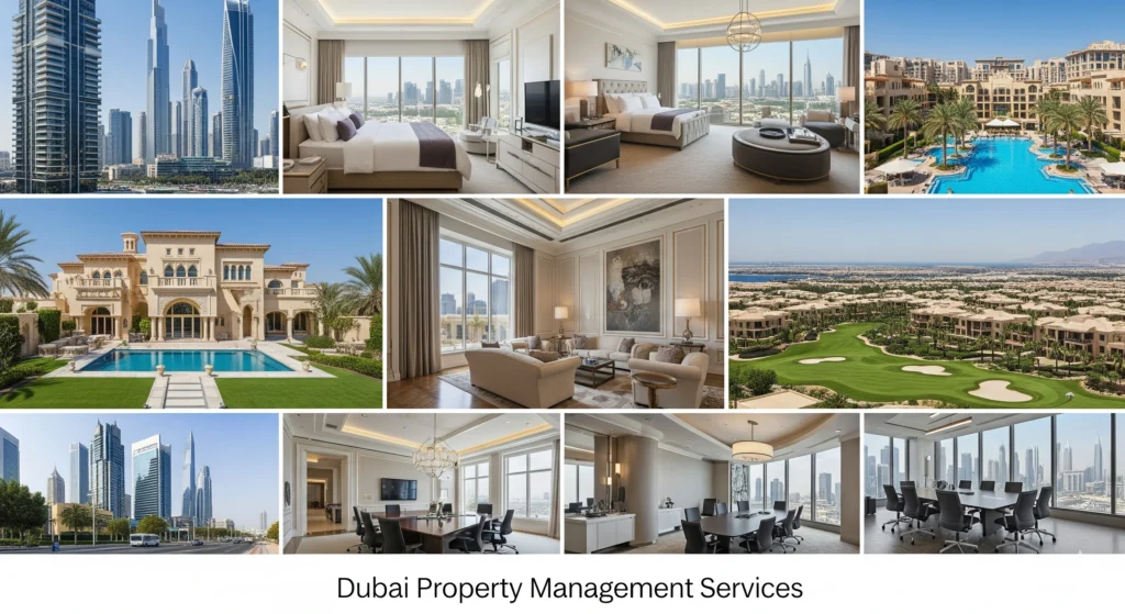 Image grid showing Dubai apartments, villas, and commercial properties to represent different types of property management services.