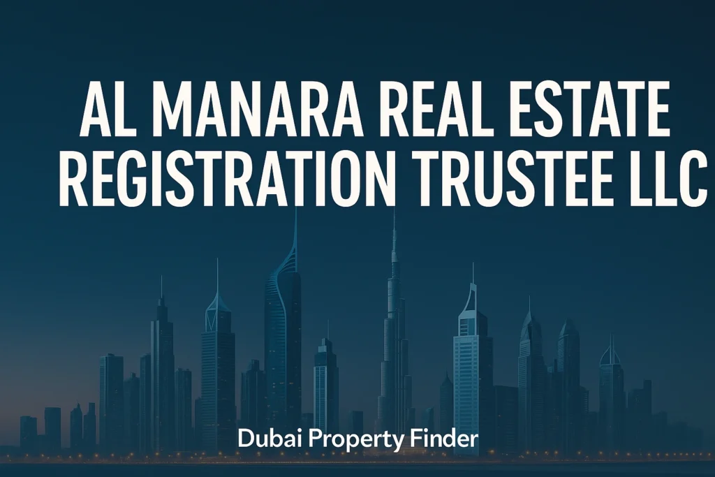 Al Manara Real Estate Registration Trustee LLC promotional banner with Dubai skyline at night and Dubai Property Finder branding