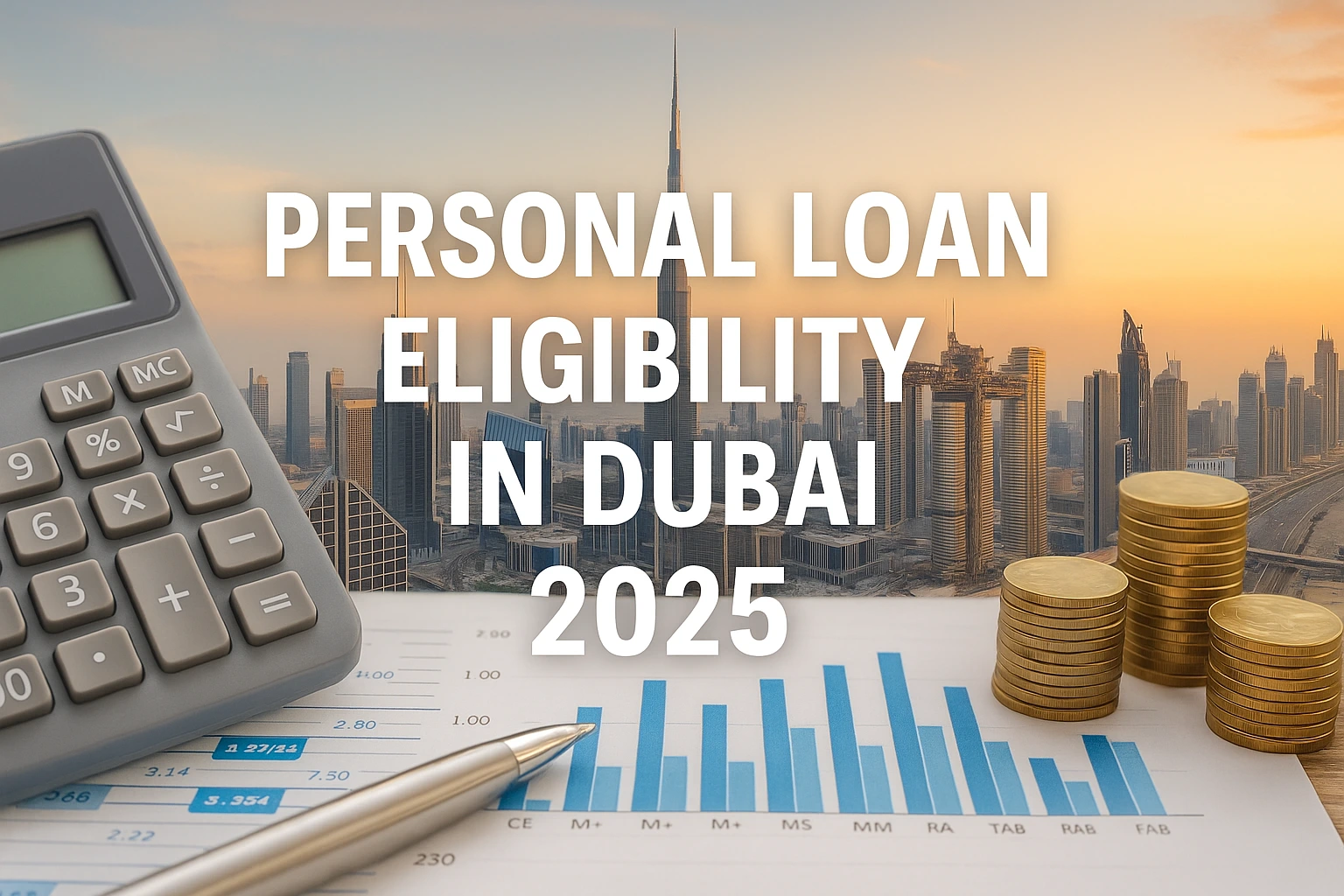 Personal loan eligibility in Dubai for 2025 showing financial charts, coins, calculator, and Dubai skyline at sunset