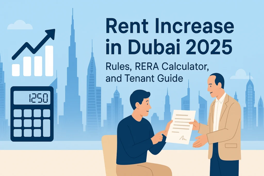 Feature image showing Dubai skyline with rent increase chart, calculator icon, and tenant landlord contract, representing rent increase rules and RERA calculator in 2025.