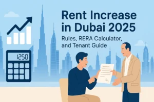 Dubai Rent Increase Guide 2025 for Tenants and Landlords with RERA Rules and Calculator Feature image showing Dubai skyline with rent increase chart, calculator icon, and tenant landlord contract, representing rent increase rules and RERA calculator in 2025.