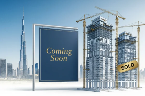Dubai skyline with residential tower under construction and coming soon sign representing off plan property investment