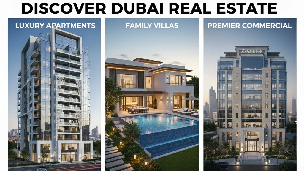 Grid showing a variety of Dubai properties including luxury apartments, family villas with pools, and commercial buildings, highlighting options for every budget.Grid showing a variety of Dubai properties including luxury apartments, family villas with pools, and commercial buildings, highlighting options for every budget.