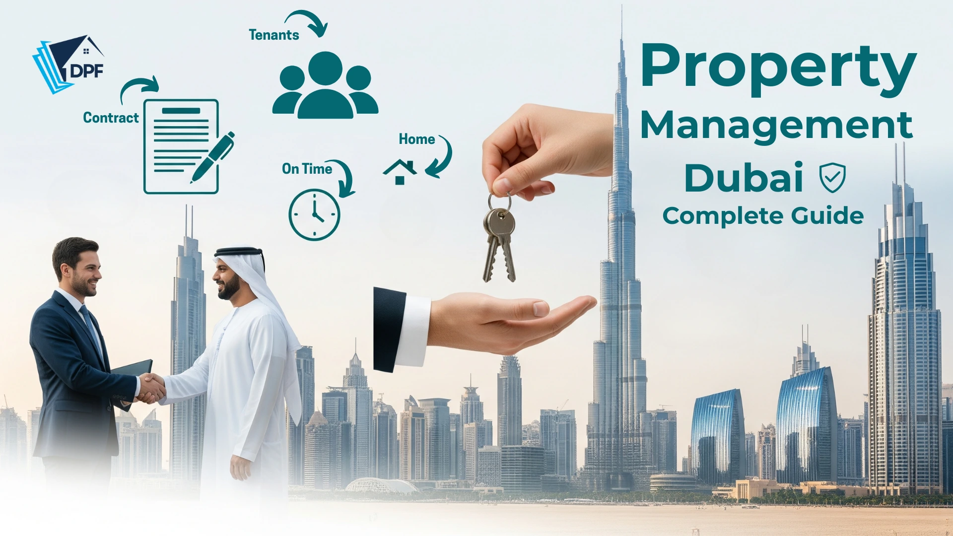 Illustration of Dubai skyline with property manager shaking hands with a client, showing icons of keys, contracts, and time to represent property management in Dubai.