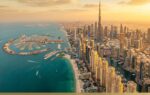 Aerial view of Dubai freehold property zones at golden hour