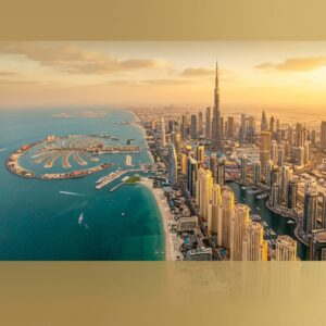 Aerial view of Dubai freehold property zones at golden hour
