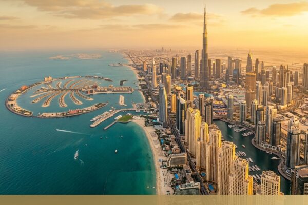 Aerial view of Dubai freehold property zones at golden hour