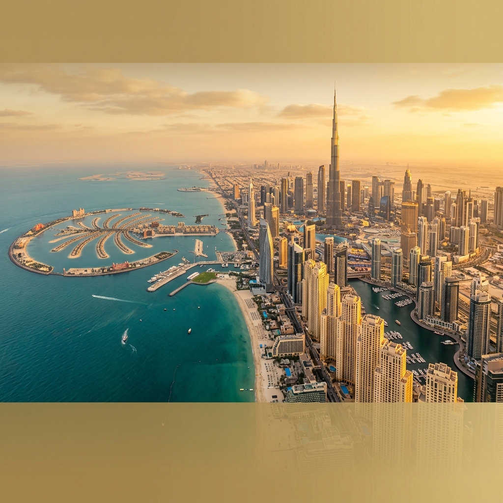Aerial view of Dubai freehold property zones at golden hour