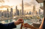 Buyer receiving property keys with Dubai skyline in background