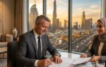 Foreign investor signing property documents in a Dubai real estate office