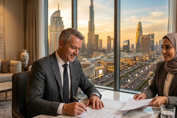 Foreign investor signing property documents in a Dubai real estate office