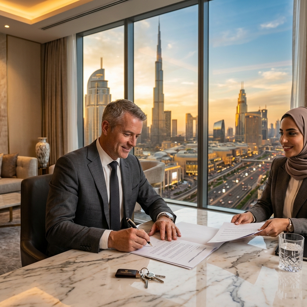 Foreign investor signing property documents in a Dubai real estate office