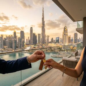 Buyer receiving property keys with Dubai skyline in background