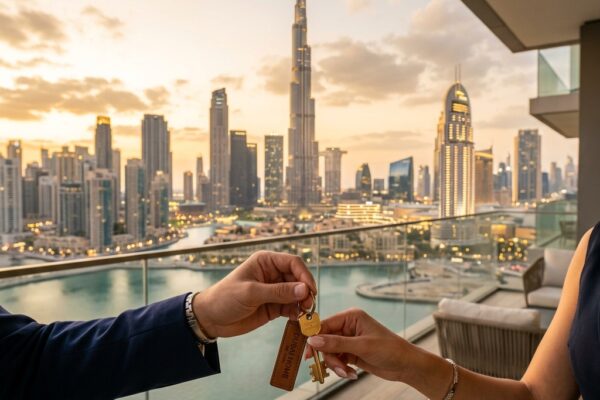 Buyer receiving property keys with Dubai skyline in background