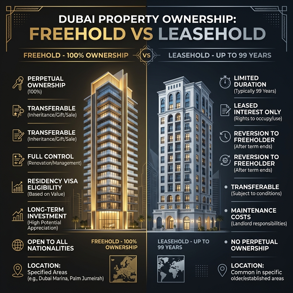 Infographic comparing freehold vs leasehold property ownership in Dubai