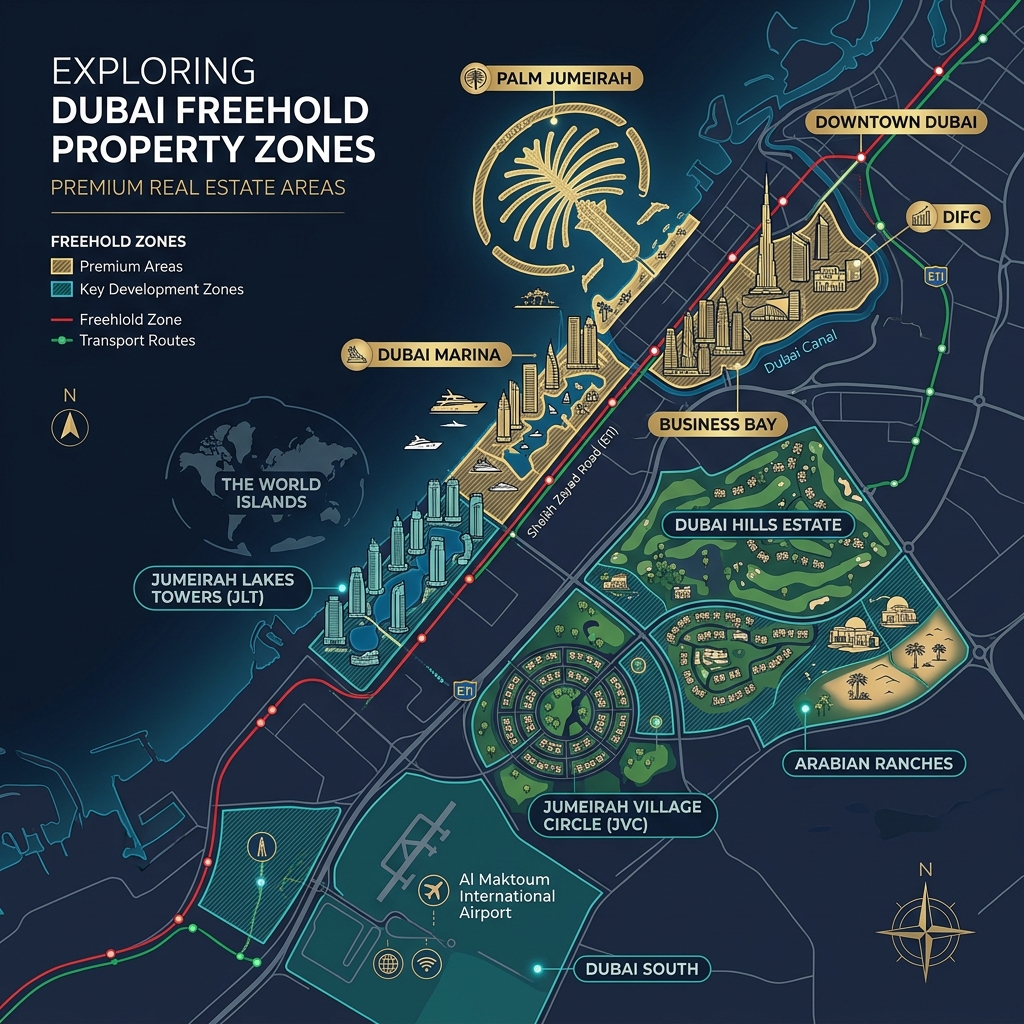Map of Dubai freehold areas where foreigners can buy property
