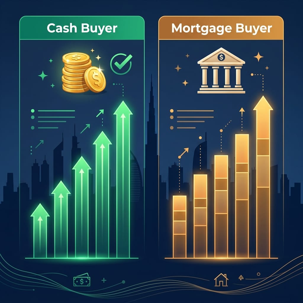 Cash buyer vs mortgage buyer closing costs comparison for DLD fees in Dubai